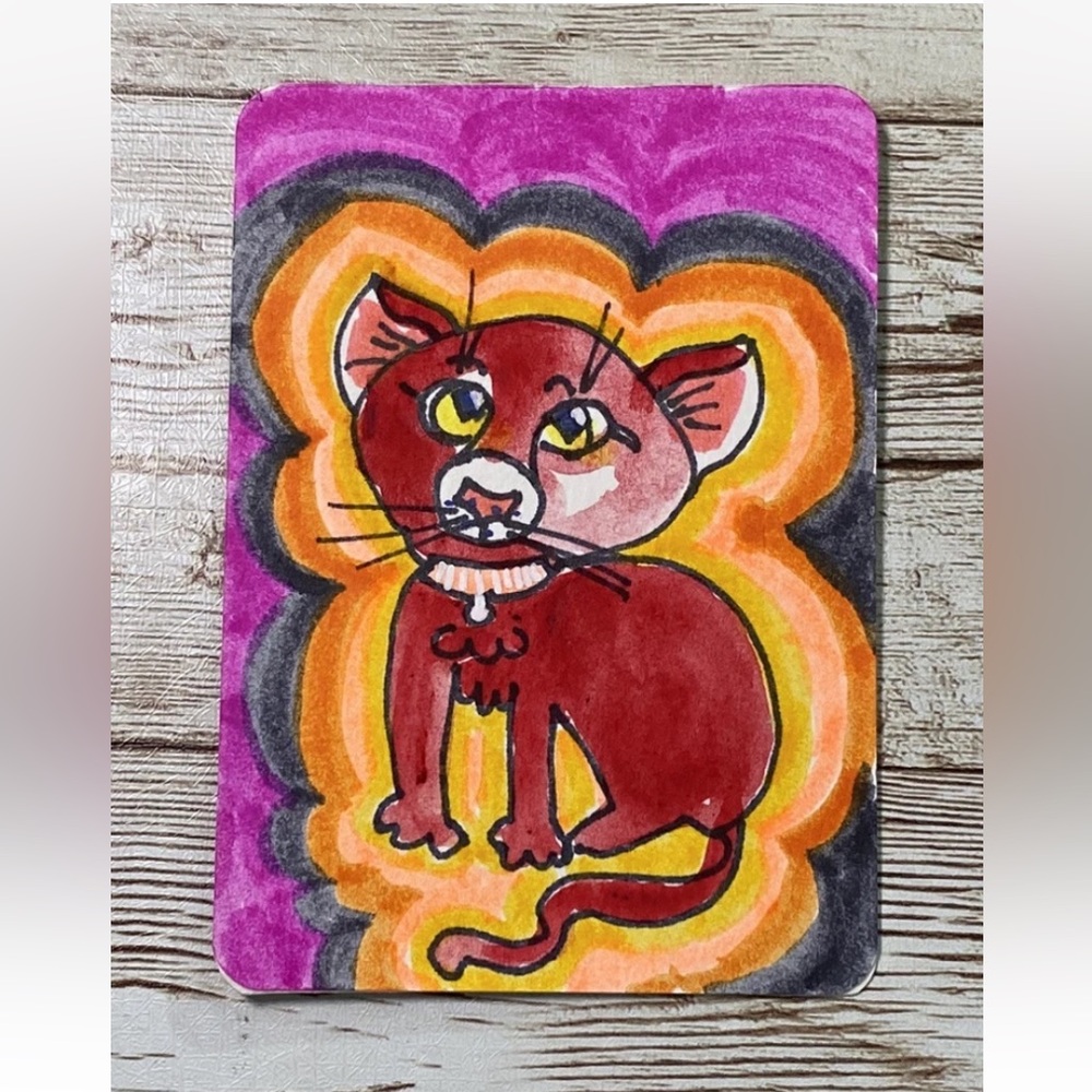 ACEO Original Art Card PURPLE CAT 2.5 x 3.5" SILLY CAT Series #4